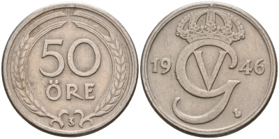 Швеция 50 эре 1946 TS, Густав V (1907-1950) KM 796 никель бронза 4148-854