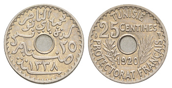 Тунис 25 сантимов 1920 A KM 244 никель латунь UNC 1526-412