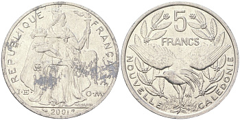 Французская Новая Каледония 5 франков 2001 птица кагу, (IEOM) KM 16, Schoen 12, Lec 81f алюминий 189-432