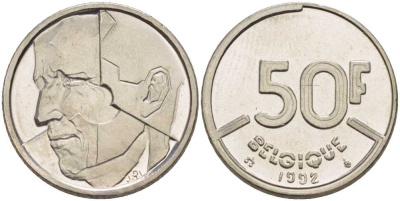 БЕЛЬГИЯ 50 ФРАНКОВ 1992 BELGIQUE, БОДУЭН I (1951-1993) KM 168 никель 210-953