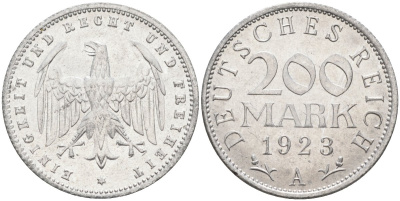 Германия 200 марок 1923 A KM 35, J. 304, Weege 22 алюминий UNC 4586-256