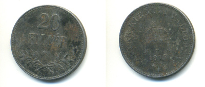 Венгрия 20 филлеров 1916 КВ, Карл I (1916-1918) KM 498 железо 83-1322