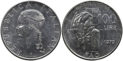 Италия 100 лир 1979 R, FAO, корова с теленком KM 106 нержавеющая сталь 4165-112
