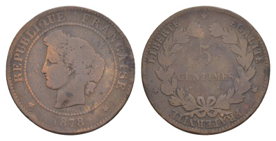 Франция 5 сантимов 1878 A KM 821 медь 4656-132