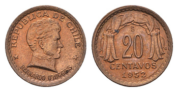 Чили 20 сентаво 1952 KM 177 медь UNC 4689-138