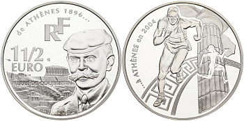 Франция 1 1/2 евро 2003 Пьер де Кубертен, Олимпийские игры 2004 года в Афинах, бег KM 1361 серебро PROOF 11-132-25