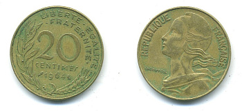 ФРАНЦИЯ 20 САНТИМОВ 1964 ТИП MARIANNE KM 930, LE FRANC 156.4 алюминиевая бронза 84-1435