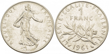 ФРАНЦИЯ 1 ФРАНК 1961 СЕЯТЕЛЬ KM 925.1 никель 4402-1114