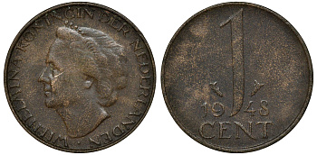 Нидерланды 1 цент 1948 Вильгельмина (1890-1948), год тип KM 175 бронза 72-1632