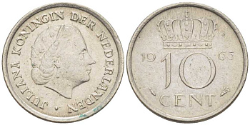 Нидерланды 10 центов 1965 Юлиана (1949-1980) KM 182 никель 214-1216