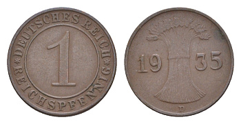 Германия 1 рейхспфенниг 1935 D KM 37, J. 313 бронза 4644-1054