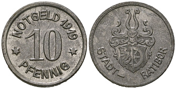 Ратибор (Силезия) 10 пфеннингов 1919 Funck 438.5, Men05 21145.5, Men18 26408.5 железо 4164-167