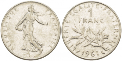 ФРАНЦИЯ 1 ФРАНК 1961 СЕЯТЕЛЬ KM 925.1 никель 4402-1114