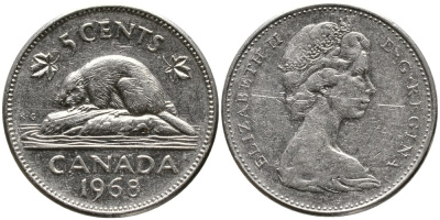 КАНАДА 5 ЦЕНТОВ 1968 ЕЛИЗАВЕТА II (1952-), БОБР, ВТОРОЙ ПОРТРЕТ В КОРОНЕ KM 60.1 никель 4543-626