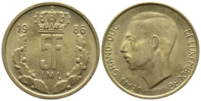 Люксембург 5 франков 1986 Великий герцог Жан (1964-1999) KM 60.1 латунь 179-947