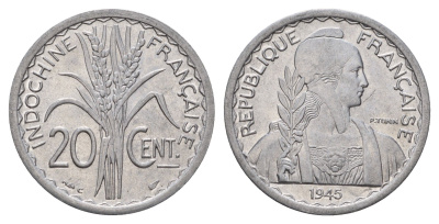 Французский Индокитай 20 сантимов 1945 литера C KM 29.3 алюминий aUNC 1515-422