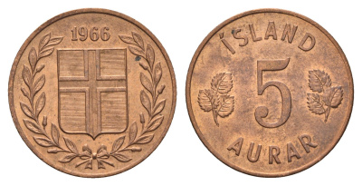 Исландия 5 эйре 1966 KM 9 бронза UNC 4691-344