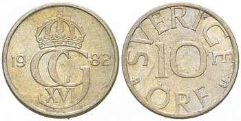 Швеция 10 эре 1982 U, Карл XVI Густав (1973- ) KM 850 медно-никель 3955-346