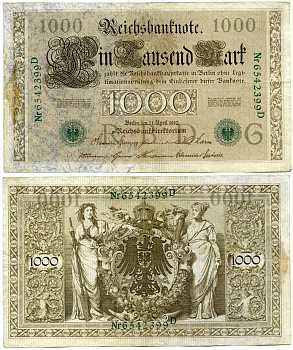 ГЕРМАНИЯ 1000 МАРОК 1910 ЗЕЛЕНАЯ ПЕЧАТЬ, 7 ЦИФР В НОМЕРЕ Pick 45b бумага 3295-119-3-1