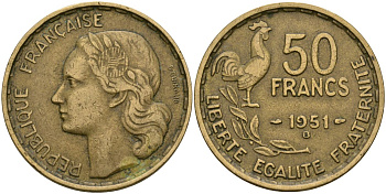 Франция 50 франков 1951 B, петух KM 918.1, Le Franc 425.5 алюминиевая бронза 4120-1221