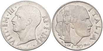 ИТАЛИЯ 20 ЧЕНТЕЗИМО 1941 R, ГОД XIX, ВИКТОР ЭММАНУИЛ III (1900-1946) KM 75b, VEM3. 1028 нержавеющая сталь 3853-746