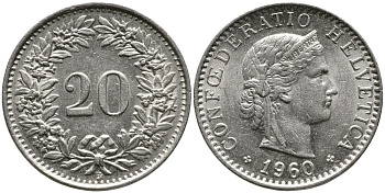 Швейцария 20 раппенов 1960 В KM 29а медно-никель 4529-735