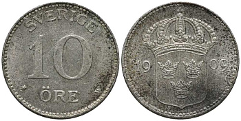 Швеция 10 эре 1909 W, Густав V (1907-1950) КМ 780 серебро 201-1066