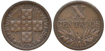 ПОРТУГАЛИЯ 10 СЕНТАВО 1953 KM 583 бронза 45-453