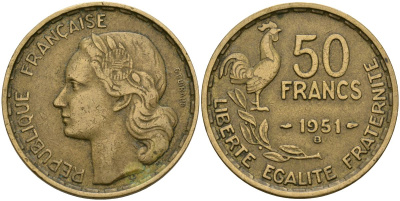 Франция 50 франков 1951 B, петух KM 918.1, Le Franc 425.5 алюминиевая бронза 4120-1221