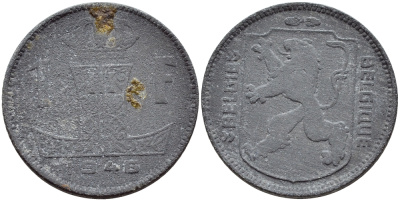 БЕЛЬГИЯ 1 ФРАНК 1946 BELGIE-BELGIQUE, ГЕРМАНСКАЯ ОККУПАЦИЯ, ВТОРАЯ МИРОВАЯ ВОЙНА KM 128 цинк 51-1654