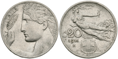 ИТАЛИЯ 20 ЧЕНТЕЗИМО 1911 R, ВИКТОР ИМАНУИЛ KM 44 никель 540-743