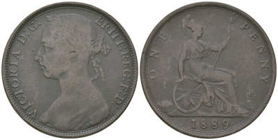 Великобритания 1 пенни 1889 Виктория (1837-1901) KM 755, Spink 3954 бронза 4590-945