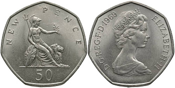 Великобритания 50 пенсов 1969 Елизавета II (1952-2022) KM 913, Spink 4223 (H1) медно-никель UNC 114-232