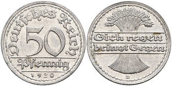 Германия 50 пфеннигов 1920 D KM 27, J.301, Weege 10 алюминий UNC 4584-731