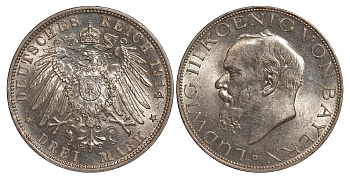 Бавария 3 марки 1914 D, Людвиг III (1913-1918) Weege 52, J. 52, KM 520 серебро 413-3745