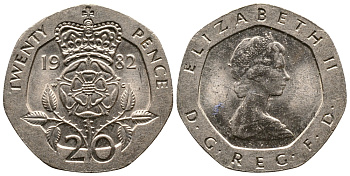 Великобритания 20 пенсов 1982 Елизавета II (1952-2022) KM 931, Spink 4230 (G1) медно-никель 86-712