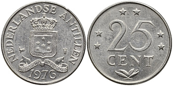Нидерландские Антилы 25 центов 1976 Юлиана (1948-1980) KM 11 никель 4164-455