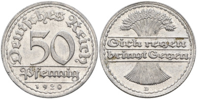 Германия 50 пфеннигов 1920 D KM 27, J.301, Weege 10 алюминий UNC 4584-731