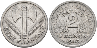 Франция 2 франка 1943 правительство Виши KM 904.1 алюминий    4153-447