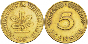 ФРГ 5 ПФЕННИГОВ 1967 J KM 107, J. 382 сталь плакированная латунью 4396-1631