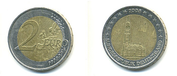 ФРГ 2 евро 2008 J, серия федеральные земли, церковь Св. Михаила в Гамбурге KM 261 биметалл 176-111