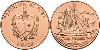 Куба 1 песо 1994 парусник Виктория KM 517 медь UNC M36-07