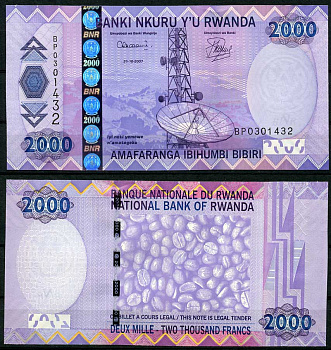 Руанда 2000 франков 2007 спутниковая антенна, радиомачта, кофейные зерна Pick 36  бумага  UNC (пресс) 448-116-1