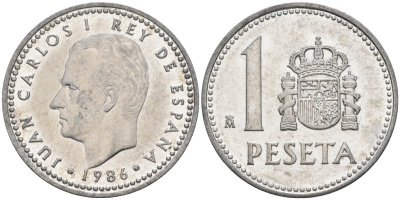 Испания 1 песета 1986 M, Хуан Карлос I (1975-2014) KM 821 алюминий 4402-114