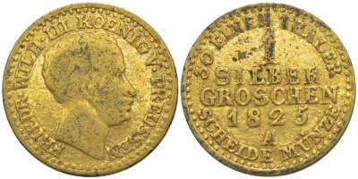 ПРУССИЯ 1 ГРОШ 1825 А, ФРИДРИХ ВИЛЬГЕЛЬМ III (1797-1840), ПОЗОЛОТА KM 410 серебро 201-617