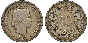 Швейцария 10 раппенов 1881 KM 27 медно-никель 4561-844