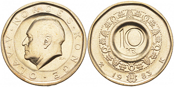 Норвегия 10 крон 1983 Улаф V (1957-1991) KM 427 медь цинк никель UNC 3853-1225