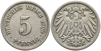 ГЕРМАНИЯ 5 ПФЕННИГОВ 1900 F KM 11, Jager 12, Weege 6 медно-никель 4547-413