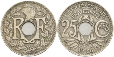 ФРАНЦИЯ 25 САНТИМОВ 1926 KM 867а медно-никель 4402-827
