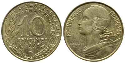 Франция 10 сантимов 1996 тип Марианна KM 929 медь алюминий никель 3461-231